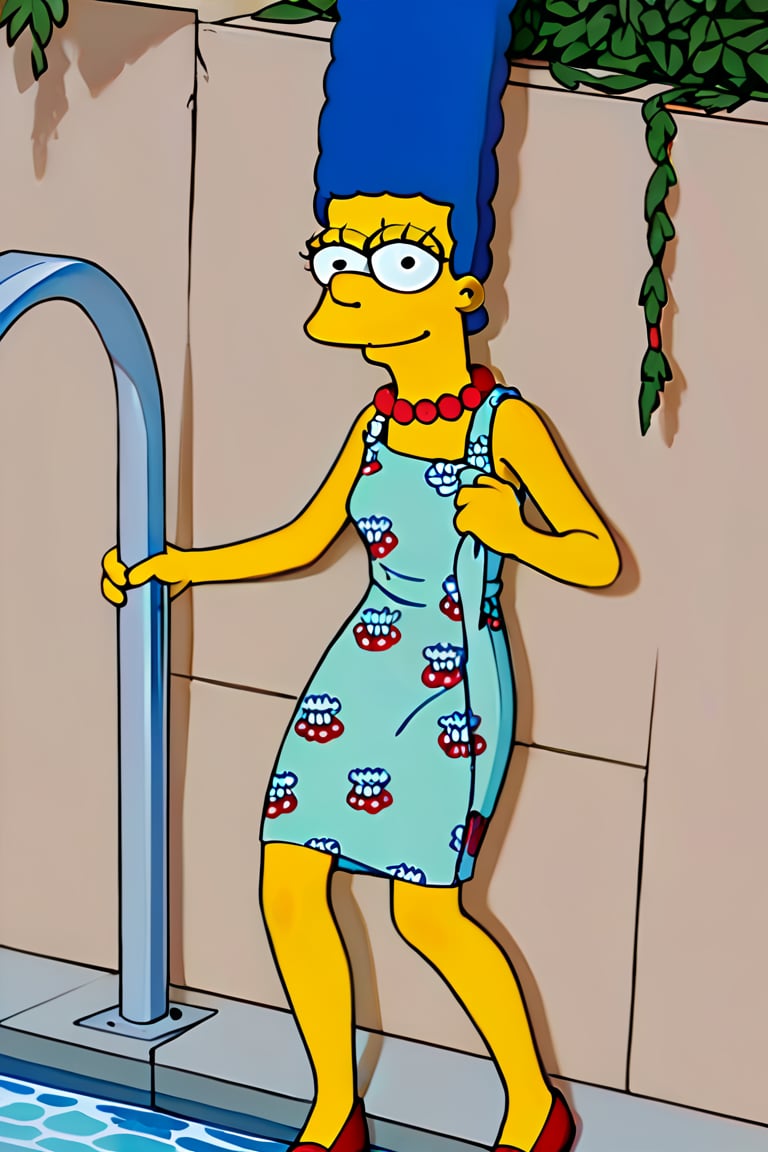 masterpiece, best quality, highly detailed, score_9, score_8_up, score_7_up, score_6_up, source_anime, outdoors, BREAK, MargemxV, A flat-toned cartoon by the Simpsons' best artist, Marge Simpson, who shows off her blue hair in braids, a red pearl necklace, a sleeveless green dress that reaches halfway down her legs, red shoes, a discreet smile, a nice body, a small chin and prominent jaw, white eyes with small black irises, She is lying on a towel in the ground at the pool, looking at the viewer, closed mouth, smile,