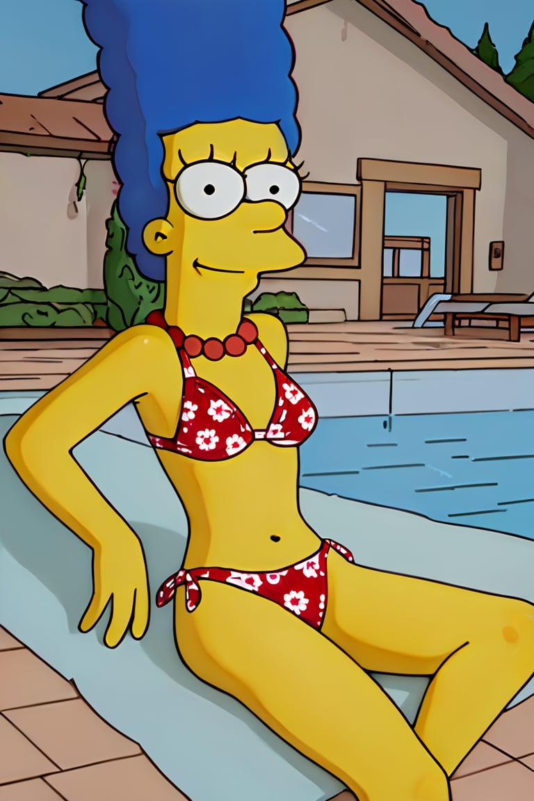 masterpiece, best quality, highly detailed, score_9, score_8_up, score_7_up, score_6_up, source_anime, outdoors, BREAK, MargemxV, A flat-toned cartoon by the Simpsons' best artist, Marge Simpson, who shows off her blue hair in braids, a red pearl necklace, a green bikini, red shoes, a discreet smile, a nice body, a small chin and prominent jaw, white eyes with small black irises, She is lying on a towel in the ground at the pool, looking at the viewer, closed mouth, smile,