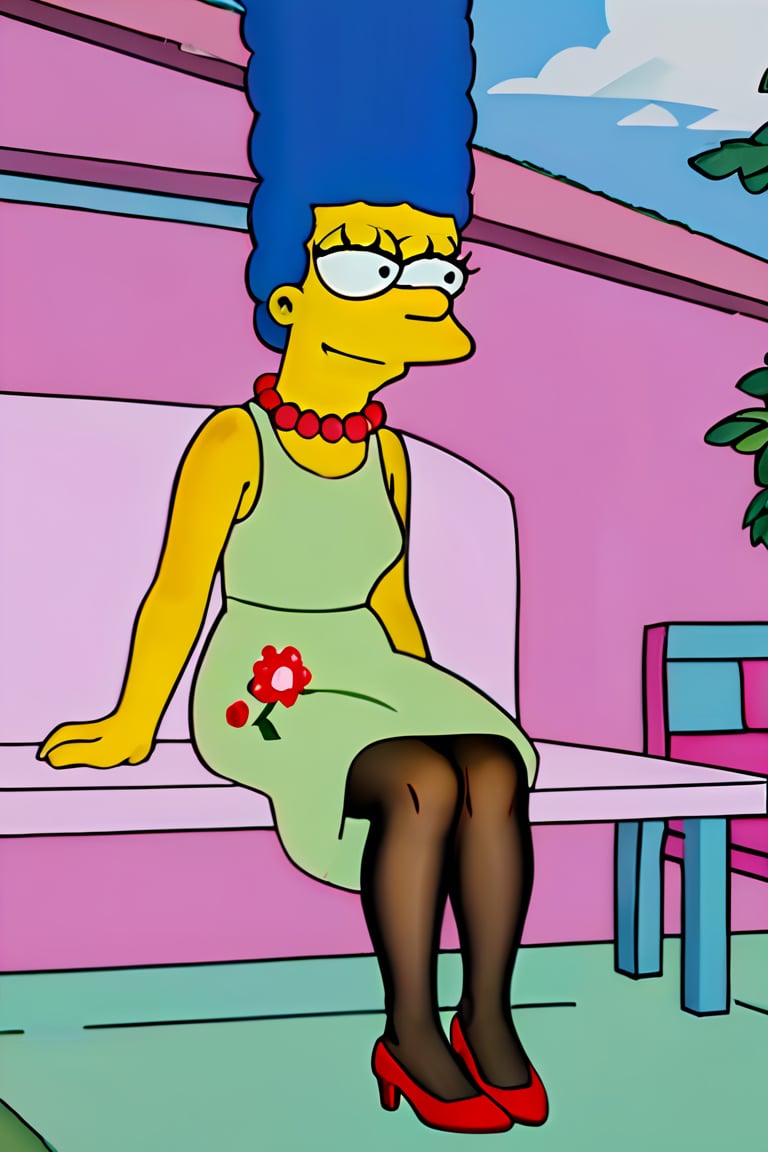 masterpiece, best quality, highly detailed, score_9, score_8_up, score_7_up, score_6_up, source_anime, outdoors, BREAK, MargemxV, A flat-toned cartoon by the Simpsons' best artist, Marge Simpson, who shows off her blue hair in braids, a red pearl necklace, a sleeveless green dress that reaches halfway down her legs, black stockings, red high heels, a discreet smile, a sensual body, a small chin and prominent jaw, white eyes with small black irises looking out to the horizon, She is lying on a pink chair resting, both eyes looking at the same direction, closed mouth, smile,