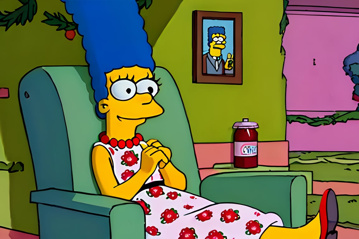 masterpiece, best quality, highly detailed, score_9, score_8_up, score_7_up, score_6_up, source_anime, outdoors, BREAK, MargemxV, A flat-toned cartoon by the Simpsons' best artist, Marge Simpson, who shows off her blue hair in braids, a red pearl necklace, a sleeveless green dress that reaches halfway down her legs, red shoes, a discreet smile, a nice body, a small chin and prominent jaw, white eyes with small black irises looking out to the horizon, She is lying on a pink chair resting, both eyes looking at the same direction, closed mouth, smile,