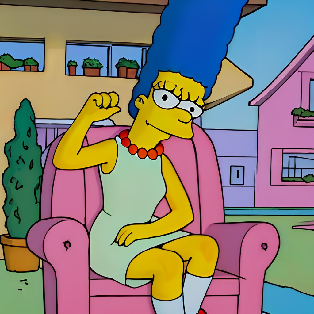 masterpiece, best quality, highly detailed, score_9, score_8_up, score_7_up, score_6_up, source_anime, outdoors, BREAK, MargemxV, A flat-toned cartoon by the Simpsons' best artist, Marge Simpson, who shows off her blue hair in braids, a red pearl necklace, a sleeveless green dress that reaches halfway down her legs, red shoes, a discreet smile, a nice body, a small chin and prominent jaw, white eyes with small black irises looking out to the horizon, She is lying on a pink chair resting, looking at the viewer, closed mouth, smile,