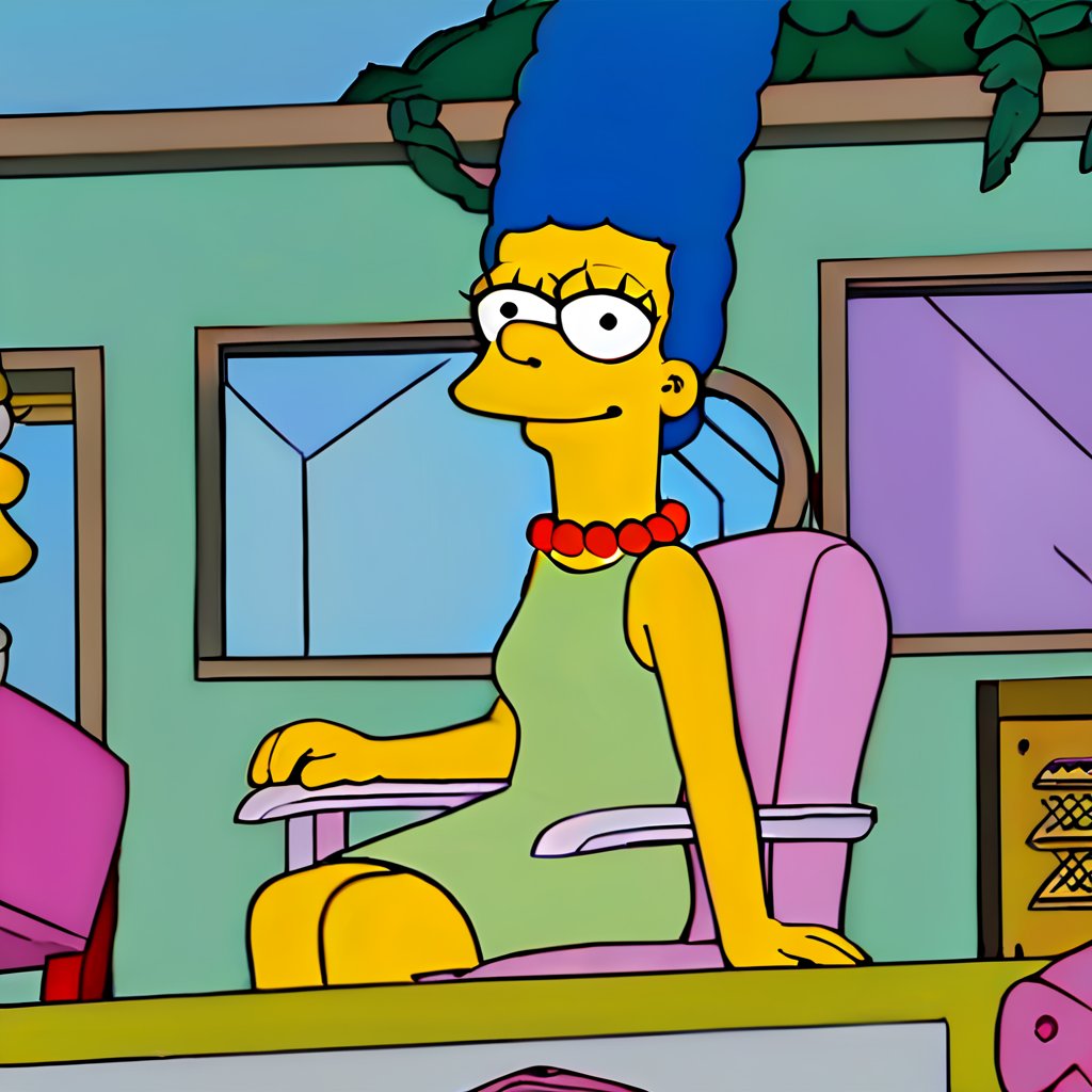 masterpiece, best quality, highly detailed, score_9, score_8_up, score_7_up, score_6_up, source_anime, outdoors, BREAK, MargemxV, A flat-toned cartoon by the Simpsons' best artist, Marge Simpson, who shows off her blue hair in braids, a red pearl necklace, a sleeveless green dress that reaches halfway down her legs, red shoes, a discreet smile, a nice body, a small chin and prominent jaw, white eyes with small black irises looking out to the horizon, She is lying on a pink chair resting, looking at the viewer, closed mouth, smile,