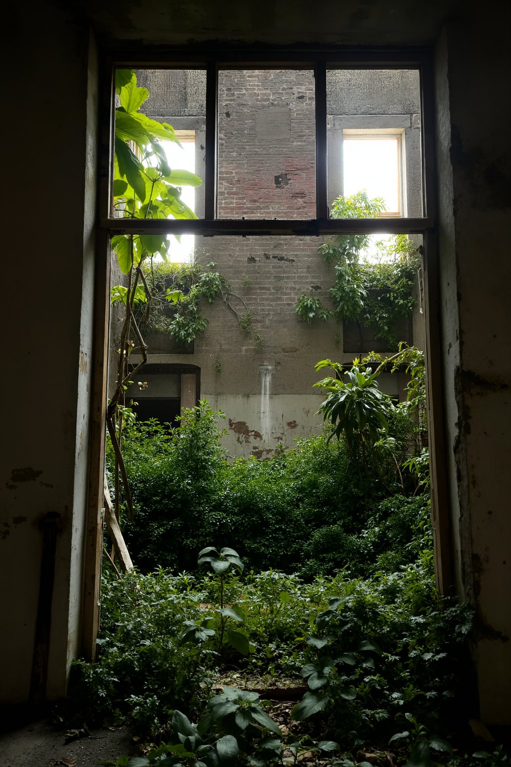 A ruined house, abandoned and with vegetation inside, the view is from the view of a window of the house and the sunlight coming in through them,Cinematic_Enhancer_Style