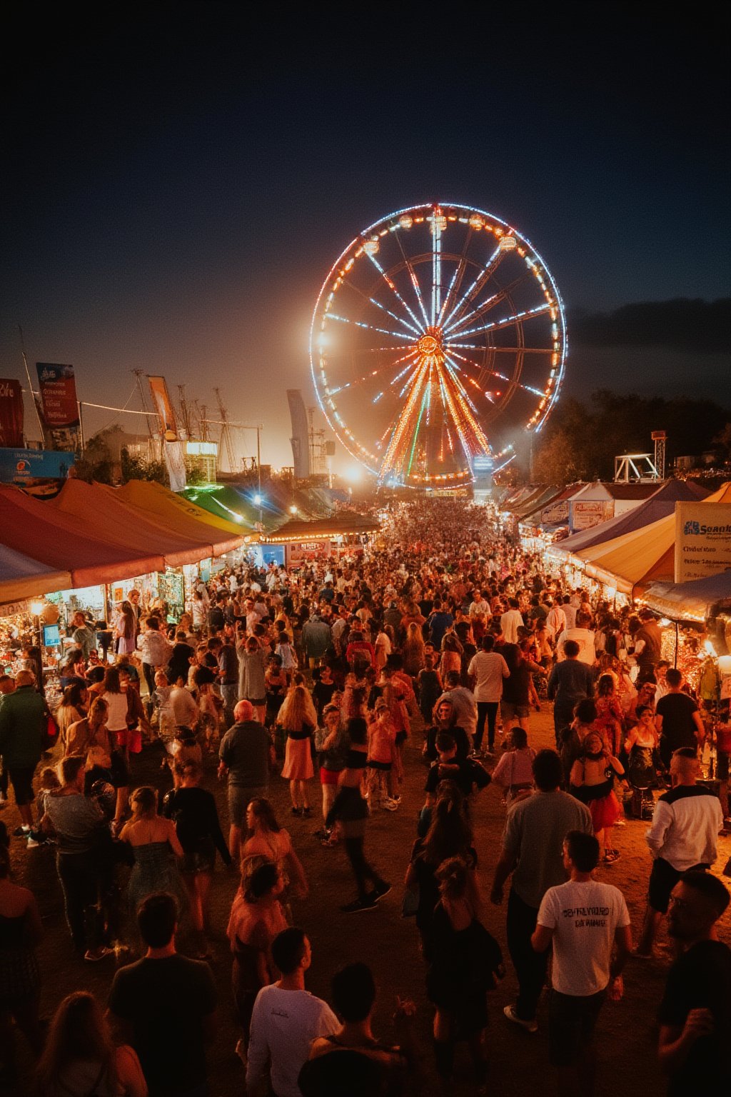 A vibrant festival scene unfolds before us. The camera captures a wide-angle shot of a bustling street, with colorful tents and stalls lining both sides. Warm lighting casts a glow on the lively atmosphere, highlighting the joyous faces of revelers. In the center, a band takes stage, their instruments gleaming under the bright lights. People dance and sing along, hands raised in celebration. A Ferris wheel rises above the scene, its lit wheels spinning lazily in the night sky. The air is filled with laughter, music, and the sweet scent of festival treats.,Cinematic_Enhancer_Style