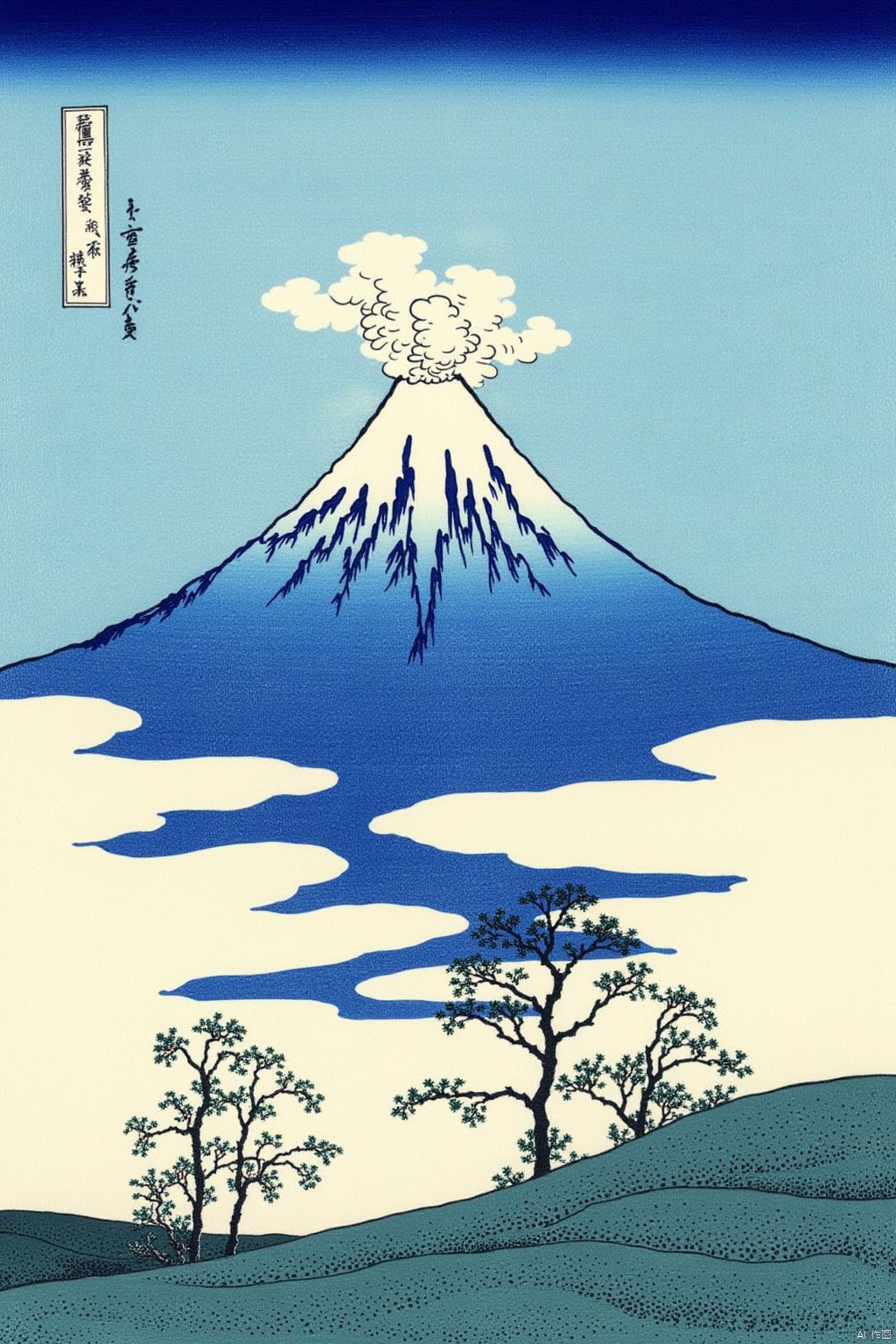 outdoors, sky, cloud, tree, no humans, scenery, mountain,ukiyo-e