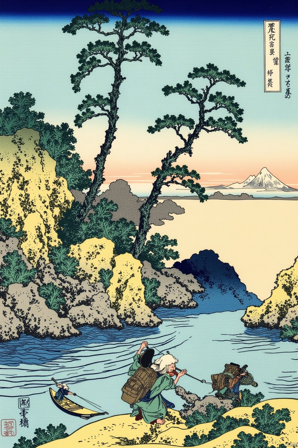 outdoors, water, tree, traditional media, backpack, scenery, mountain, boat,ukiyo-e