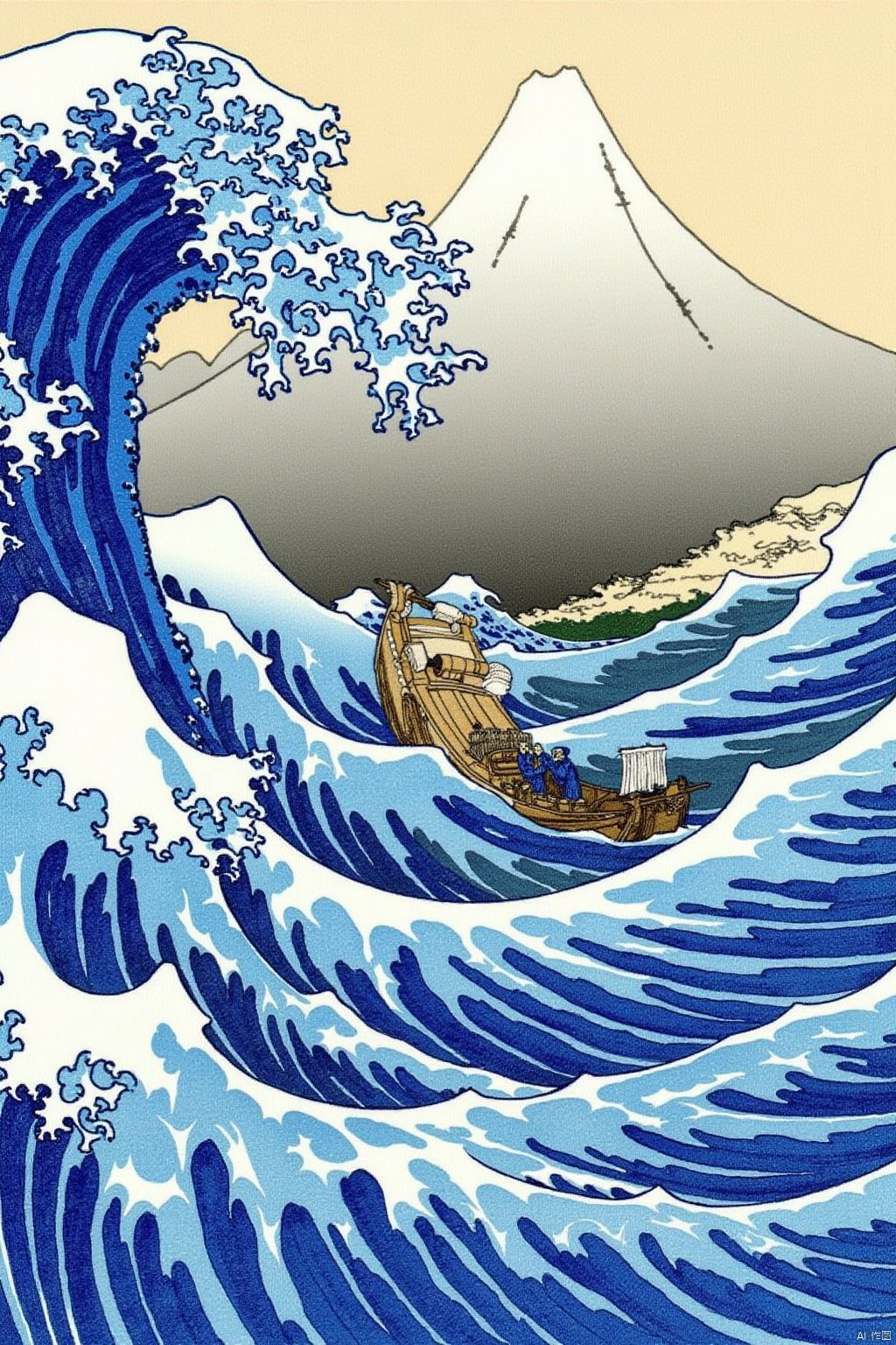 outdoors, water, no humans, ocean, parody, scenery, mountain, watercraft, ship, waves, boat, fine art parody,ukiyo-e