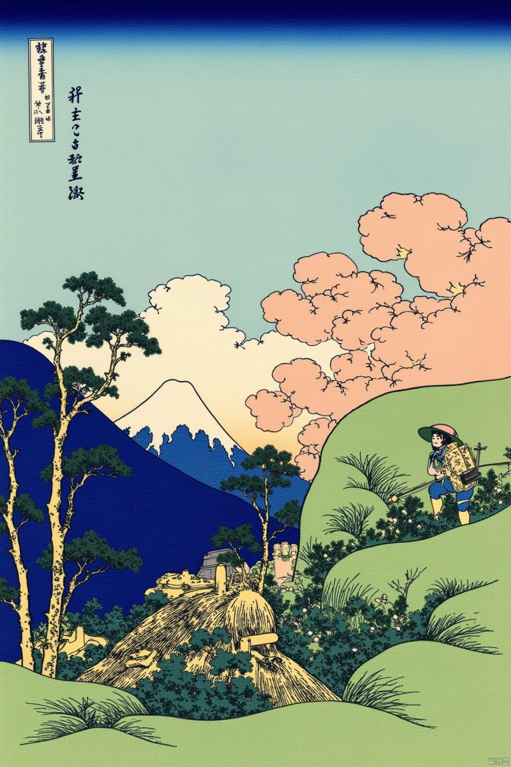 outdoors, sky, cloud, tree, no humans, traditional media, nature, scenery, sunset, mountain,ukiyo-e