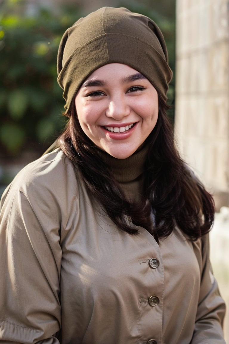 h4n4, solo, looking at viewer, smile, open mouth, shirt, 1boy, hat, male focus, teeth, grin, blurry, black eyes, coat, depth of field, blurry background, turtleneck, half-closed eyes, portrait, meme, brown jacket, realistic, brown headwear, beanie, brown coat