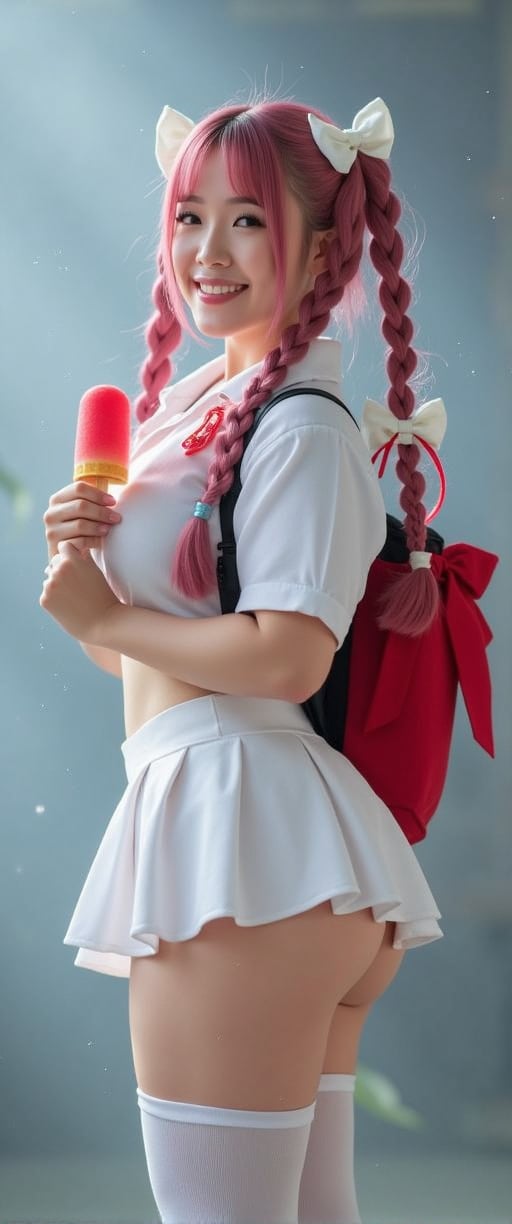 A cinematic reality film scene unfolds: a voluptuous sexy beauty model,, stands solo against a grey background. Her long, pink-haired braids are tied with hair bows, adorned with ahoges. She wears a white serafuku uniform with a pleated skirt, thigh-highs, and a red bow on her backpack. In one hand, she holds a popsicle, while in the other, a strawberry ice cream cone reflects off her thigh-high boots. Her detailed features, from blush to navel, are captured in stunning focus against a misty backdrop, as sparks of light dance across her face. The soft lighting and depth of field create a sense of intimacy, drawing the viewer's attention to her smiling, idolic beauty., 