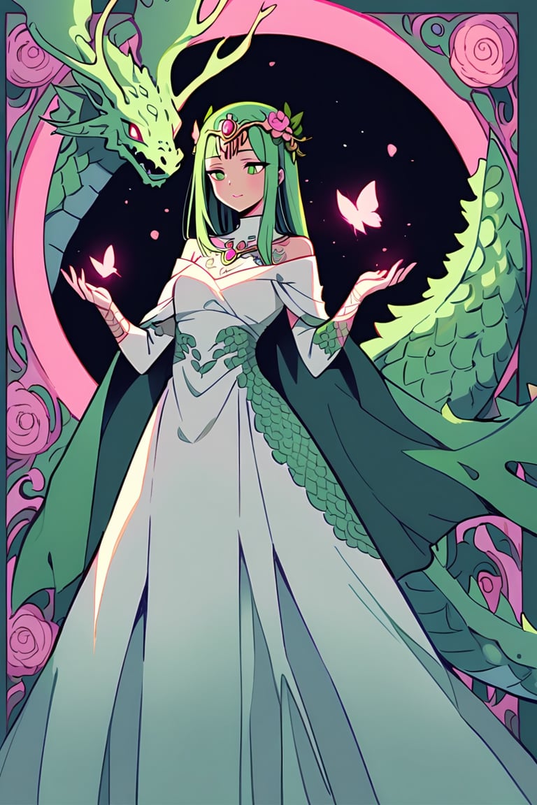 A serene scene where a woman, adorned in a traditional green and white dress, stands gracefully beside a majestic green dragon. The woman wears an ornate headpiece and holds a delicate object in her hand. The dragon, with its intricate scales and fierce yet calm expression, wraps around her, creating a protective and harmonious bond between them. The backdrop is dark, with subtle lighting highlighting the dragon and the woman, and there are floating pink flowers adding to the ethereal atmosphere.