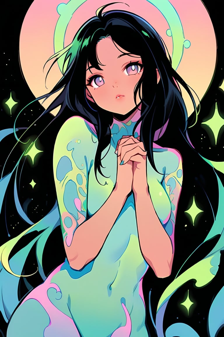 (a beautiful angel in the style of Carne Griffiths, Conrad Roset), (composition by Alphonse Mucha), gorgeous, heavenly, ethereal, soft glow surrounding her, bioluminesence, pitchblack background, long flowing black hair, stars, midnight, hands clasped, more detail XL