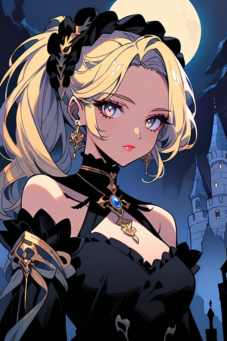 Elegantism, opulent scene, full portrait of a Victorian lady, heroic, black clothes, gold trim, full moon, castle, head and shoulders portrait, 8k resolution. (masterpiece, top quality, best quality, official art, beautiful and aesthetic:1.2), (1girl:1.4), upper body, blonde hair, portrait, extreme detailed, in the style of esao andrews