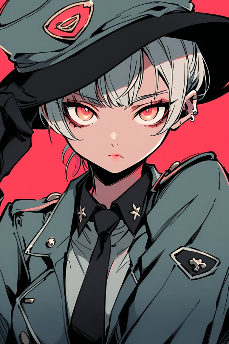 A young woman in a military uniform stands solo, looking directly at the viewer with an intense gaze. Her bangs frame her face, and her shirt is covered by a jacket with long sleeves. Her eyes glow red as she wears black gloves and a necktie, adding to the mysterious atmosphere. White and grey hair peeks out from under her hat, which matches the color of her military uniform. The framing of the shot focuses on her upper body, drawing attention to her closed mouth and piercing gaze.