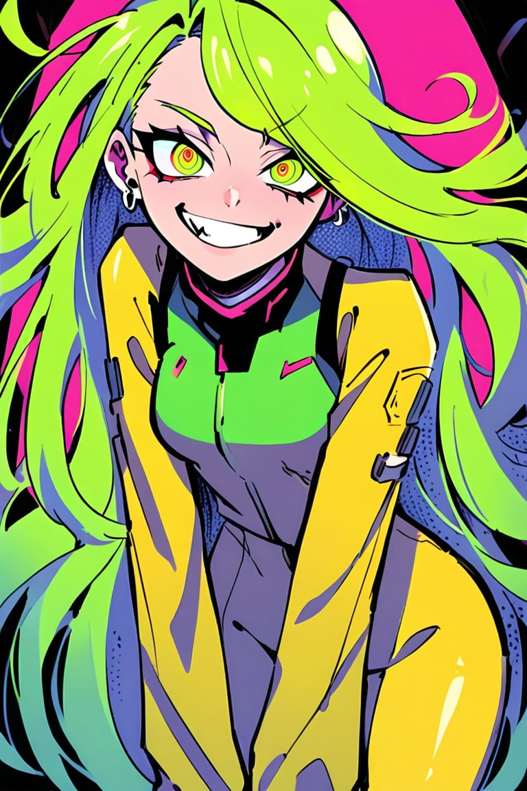 A cyberpunk anime girl with long, flowing hair and piercing neon green eyes gazes directly at the viewer with a sadistic smirk. She wears a bright yellow jumpsuit, her multicolored hair styled in loose waves. The background is a stark, monochromatic gray, emphasizing her vibrant attire and intense expression.