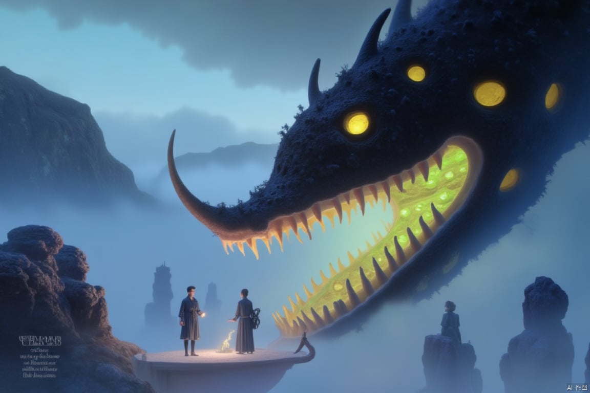 Captured at eye-level on a low-angle perspective, a dragon-like creature, with its mouth wide open, is adorned with glowing yellow eyes and a long, slender snout. The creature's head is encircled by its long, sharp teeth, adding a touch of depth to the scene. Two men and a woman, dressed in dark clothing, are standing on a platform, holding lanterns in their hands, facing the viewer. The scene is set against a backdrop of mountains, a misty fog, and a cloudy sky. To the left of the scene, a waterfall can be seen.,This style comes from yt Dream