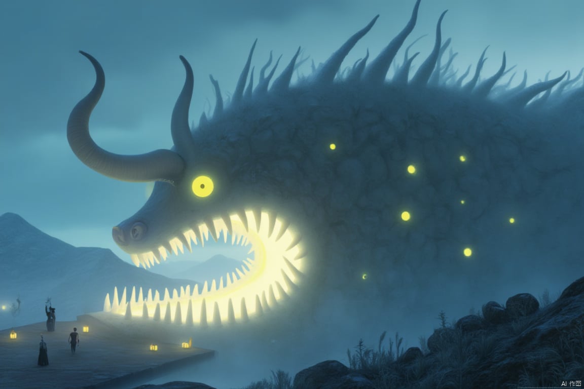 Captured at eye-level on a low-angle perspective, a dragon-like creature, with its mouth wide open, is adorned with glowing yellow eyes and a long, slender snout. The creature's head is encircled by its long, sharp teeth, adding a touch of depth to the scene. Two men and a woman, dressed in dark clothing, are standing on a platform, holding lanterns in their hands, facing the viewer. The scene is set against a backdrop of mountains, a misty fog, and a cloudy sky. To the left of the scene, a waterfall can be seen.,