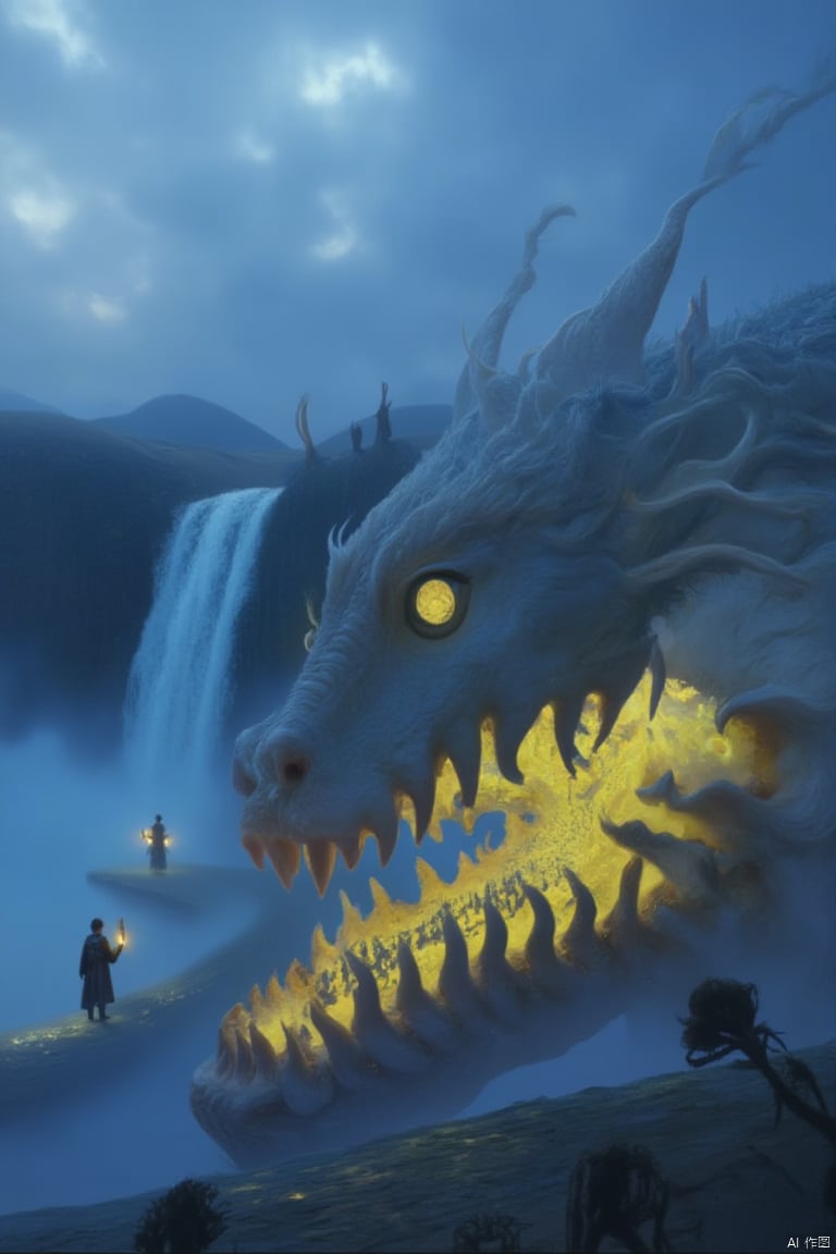 Captured at eye-level on a low-angle perspective, a dragon-like creature, with its mouth wide open, is adorned with glowing yellow eyes and a long, slender snout. The creature's head is encircled by its long, sharp teeth, adding a touch of depth to the scene. Two men and a woman, dressed in dark clothing, are standing on a platform, holding lanterns in their hands, facing the viewer. The scene is set against a backdrop of mountains, a misty fog, and a cloudy sky. To the left of the scene, a waterfall can be seen.,