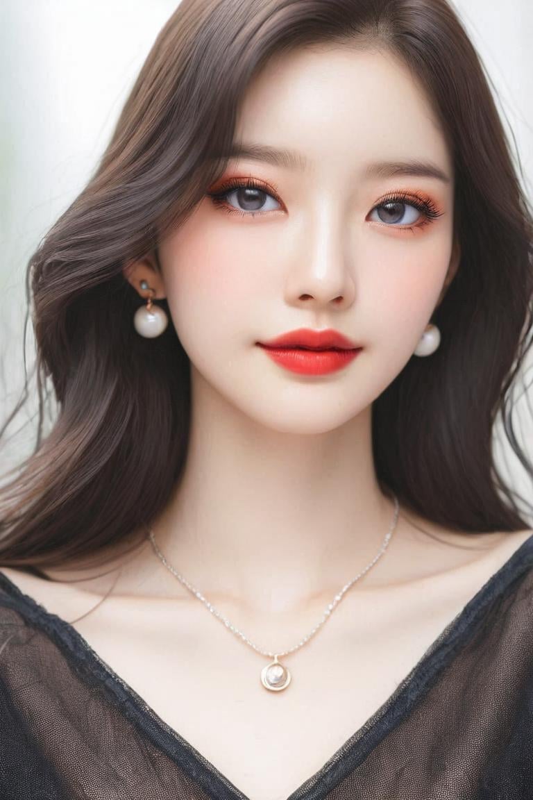 <lora:KimA-won-000001:1>, midjourney_whisper_innocent_eyes, closeup portrait of stunningly beautiful Japanese woman, dark eyeshadow, make-up, red lips, long dark hair, earrings, necklaces