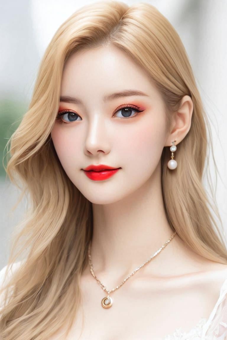 <lora:KimA-won-000001:1>, midjourney_whisper_innocent_eyes, closeup portrait of stunningly beautiful Japanese woman, blonde hair, dark eyeshadow, make-up, red lips, long dark hair, earrings, necklaces