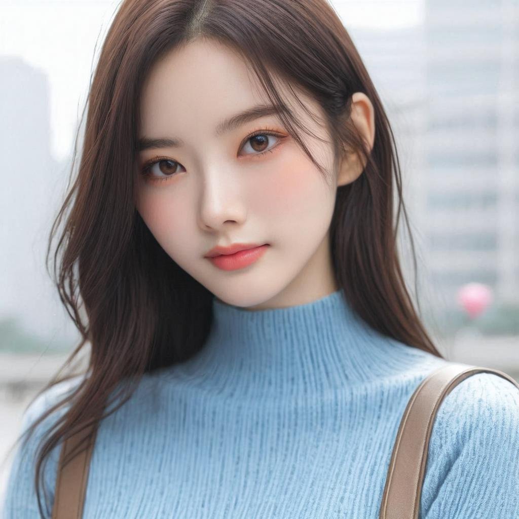 [2]a stunning real large breasts Korean woman with long, flowing dark hair, her piercing gaze directly addressing the viewer. score_9, score_8_up, score_7_up, 4k, high quality, (best quality:1.1), realistic, photorealistic, close-up, upper body, (ultra HD quality details), High Fashion, A highly detailed, realistic digital painting of a Korean woman 28yo with a pale complexion, intricate makeup, muted palette, emphasizing her enigmatic and mystical aura,, high resolution, rich textures, and contemplative mood. Dark makeup. Her eyes are a deep piercing and  brown, dynamic, dramatic, haute couture, elegant, ornate clothing, High Fashion, dark straight hair with a few loose strands framing her face, against a cyan gradient background, balloon, sweater, blue sweater, brown eyes, looking at viewer, blurry, realistic, long sleeves, upper body, blurry background, closed mouth, bangs, indoors, , <lora:KimA-won-000001:1>, 