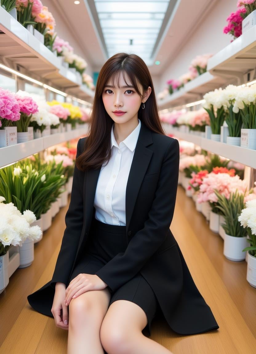 <lora:JenniferFluxV102:1.0>, Jennifer, Realistic photograph, Movie light, film grain, ((Flower shop, many flowers)), ((many flowers in transparent cold storage)), ((bright lights, pink theme)), ((1girl, solo)), Japanese girl, ((large breasts:1.0)), ((office lady)), skirt, shirt, sitting, white shirt, jacket, looking at viewer, indoors, jewelry, barefoot, earrings, collared shirt, bare legs, wooden floor, on floor, black skirt, parted lips, long sleeves, brown eyes, bangs, suit, formal, dress shirt, black eyes, pleated skirt, knee up, legs, open clothes, lips, black jacket,