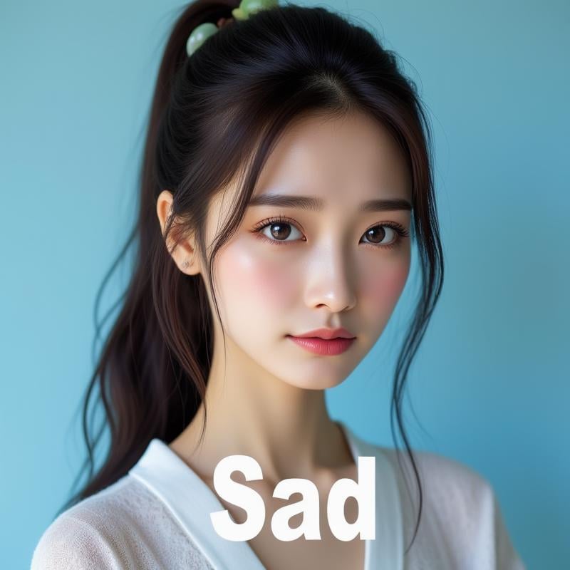 [Sad]<lora:JenniferFluxV102:1>, Jennifer, ((Detailed photography of a Crying woman)), Crying, sad, sad expression, Against a soft, true gradient blue background, a stunning real Japanese woman with long, flowing dark hair, her piercing gaze directly addressing the viewer. (the text "Sad" in white bold font placed below the cover, centered), earrings, jewelry, brown hair, smile, brown eyes, looking at viewer, upper body, Single ponytail, high ponytail, pink gold-rimmed Hanfu, jade hairpin, lips, bangs, <lora:flux-RealismLora :1>, Realistic photograph, Movie light, film grain,