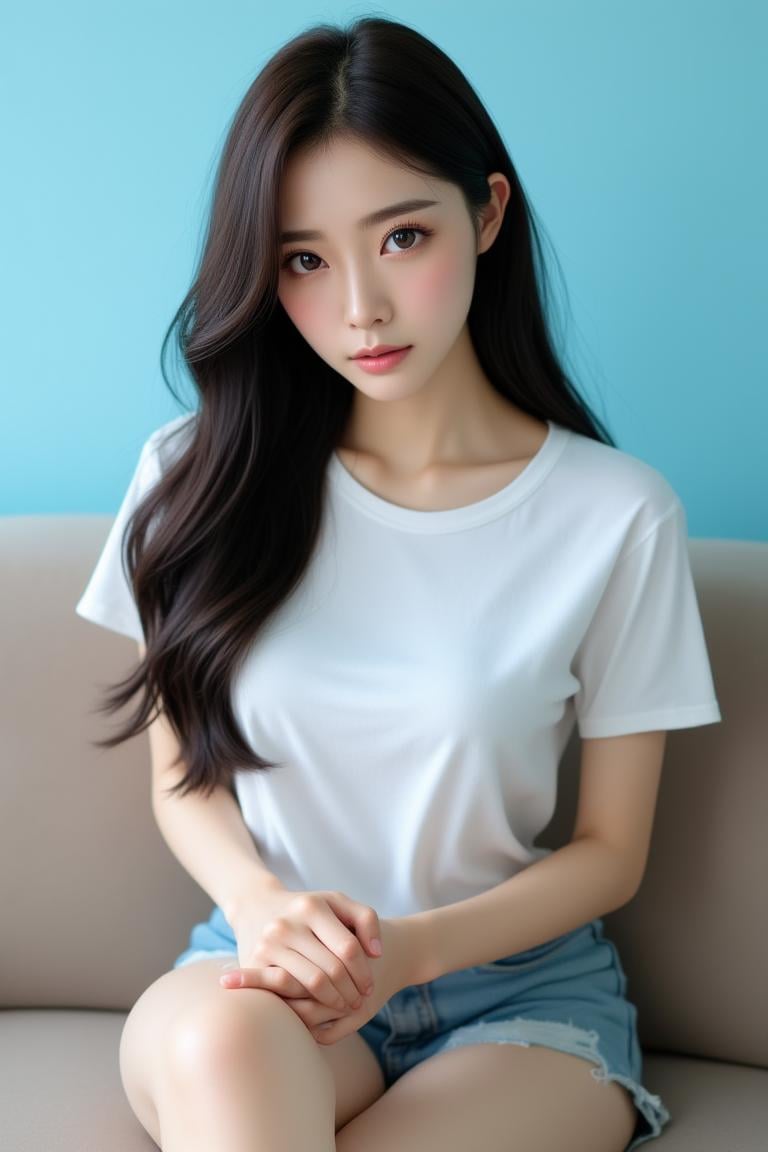 [64][24_94]Against a soft, true gradient blue background, a stunning real large breasts Japanese woman with long, flowing dark hair, her piercing gaze directly addressing the viewer. shirt, shorts, sitting, denim, white shirt, couch, brown eyes, denim shorts, looking at viewer, lips, short shorts, short sleeves, realistic, parted lips, cutoffs, t-shirt, bare legs, thighs <lora:JenniferFluxV102:1.0>, Jennifer, Realistic photograph, Movie light, film grain, 