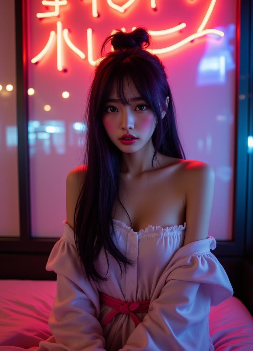 <lora:JenniferFluxV102:1.0>, Jennifer, Realistic photograph, Movie light, film grain, cinematic light, intricate details, Movie Light, film grain, ((glowing neon sign, spot light, strong light, bright light)), A stunning large breasts Japanese woman with long, flowing dark hair, her piercing gaze directly addressing the viewer. delicate skin, fair skin, neon lights, At night, glass showcase, sex trade area, girl sitting in the window, Red-light district, De Wallen, window lady, window girl, hair over one eye, looking at viewer, cleavage, japanese clothes, open mouth, blush, saliva, off shoulder, collarbone, indoors, purple hair, kimono, bare shoulders, bangs, sitting, purple eyes, hair bun, window, curtains, on bed, pink eyes, pink hair, teeth