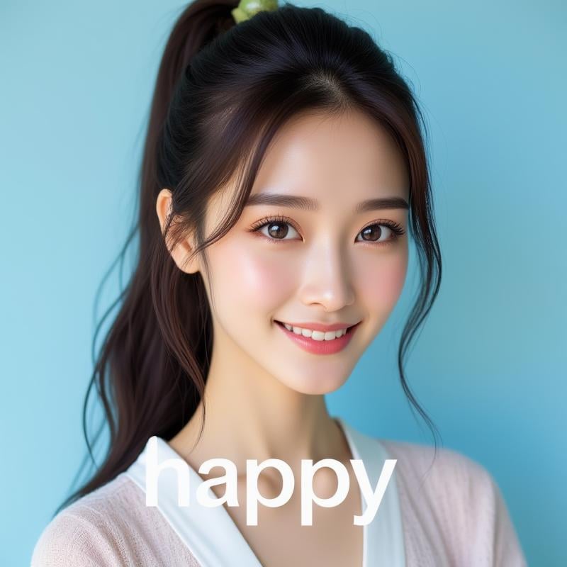 [Happy]<lora:JenniferFluxV102:1>, Jennifer, ((Detailed photography of a Happy woman)), Happy, happy expression, teeth, Against a soft, true gradient blue background, a stunning real Japanese woman with long, flowing dark hair, her piercing gaze directly addressing the viewer. (the text "Happy" in white bold font placed below the cover, centered), earrings, jewelry, brown hair, smile, brown eyes, looking at viewer, upper body, Single ponytail, high ponytail, pink gold-rimmed Hanfu, jade hairpin, lips, bangs, <lora:flux-RealismLora :1>, Realistic photograph, Movie light, film grain,