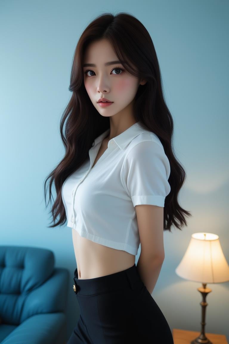 [68][24_94]Against a soft, true gradient blue background, a stunning real large breasts Japanese woman with long, flowing dark hair, her piercing gaze directly addressing the viewer. skirt, shirt, looking at viewer, indoors, brown eyes, realistic, white shirt, pencil skirt, midriff, couch, lips, parted lips, lamp, television, crop top, arm behind back, leaning forward, short sleeves, black skirt, miniskirt, standing, artist name <lora:JenniferFluxV102:1.0>, Jennifer, Realistic photograph, Movie light, film grain, 