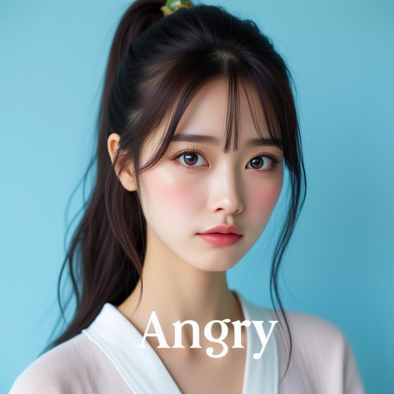 [Angry]<lora:JenniferFluxV102:1>, Jennifer, ((Detailed photography of a angry woman)), Against a soft, true gradient blue background, a stunning real Japanese woman with long, flowing dark hair, her piercing gaze directly addressing the viewer. (this woman Angry and pouted, eyes widened, blushing), (the text "Angry" in white bold font placed below the cover, centered), The woman opened her mouth wide and shouted, earrings, jewelry, brown hair, smile, brown eyes, looking at viewer, upper body, Single ponytail, high ponytail, pink gold-rimmed Hanfu, jade hairpin, lips, bangs, <lora:flux-RealismLora :1>, Realistic photograph, Movie light, film grain,