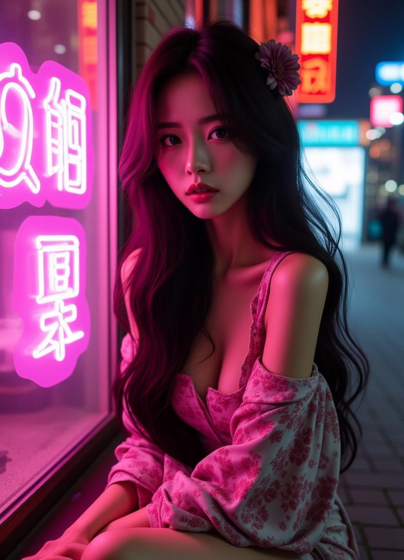 <lora:JenniferFluxV102:1.0>, Jennifer, Realistic photograph, Movie light, film grain, cinematic light, intricate details, Movie Light, film grain, ((cyberpunk cityscape, glowing neon sign)), ((spot light, strong light, bright light)), A stunning large breasts Japanese woman with long, flowing dark hair, her piercing gaze directly addressing the viewer. delicate skin, fair skin, neon lights, At night, pink neon sign, glass showcase, sex trade area, girl sitting in the window, Red-light district, De Wallen, window lady, window girl, japanese clothes, hair ornament, flower, cleavage, kimono, hair flower, underwear, looking at viewer, panties, white panties, floral print, black hair, brown eyes, sash, obi, bangs, lips, bare shoulders, off shoulder, thighs, wide sleeves,