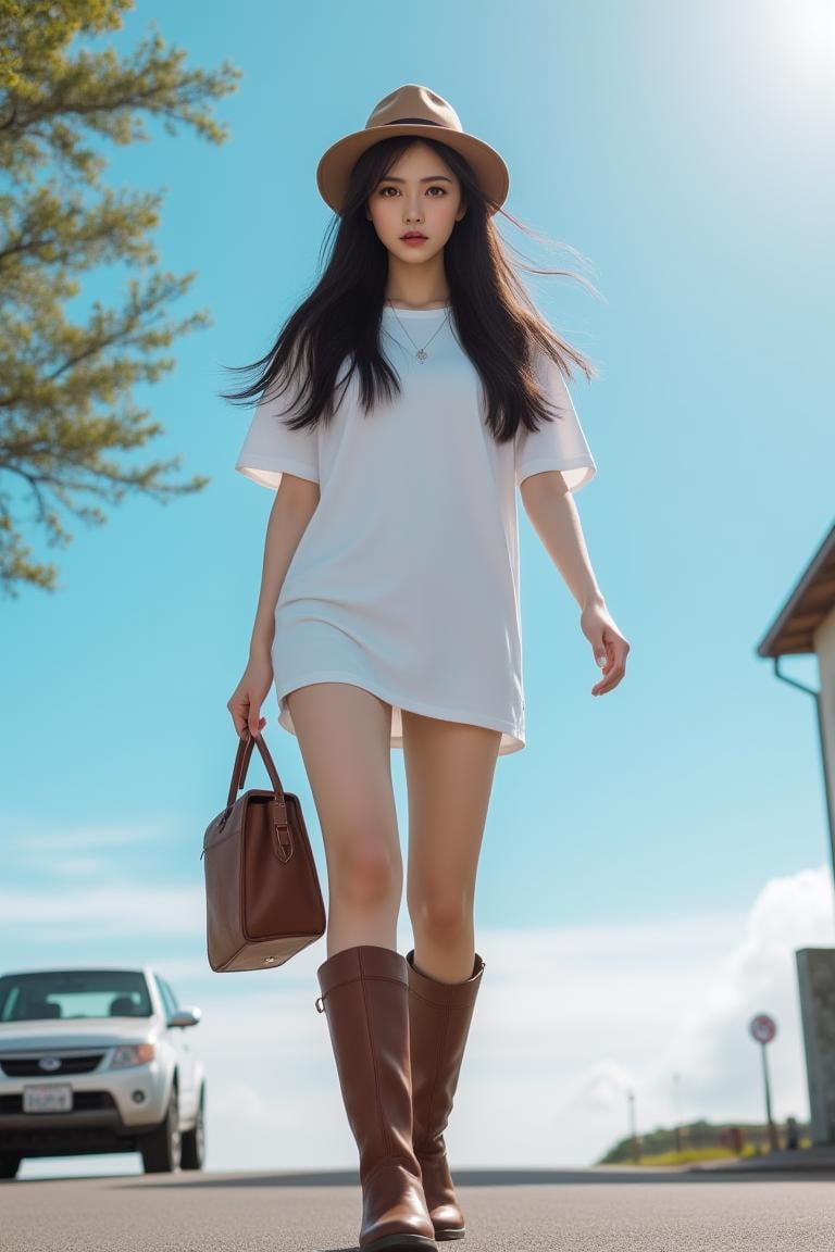 [65][24_94]Against a soft, true gradient blue background, a stunning real large breasts Japanese woman with long, flowing dark hair, her piercing gaze directly addressing the viewer. hat, boots, bag, shirt, outdoors, brown footwear, white shirt, day, tree, standing, holding bag, building, street, brown headwear, road, holding, looking at viewer, short sleeves, brown eyes, realistic, knee boots, car, t-shirt, lips, ground vehicle, sky, motor vehicle, closed mouth, artist name <lora:JenniferFluxV102:1.0>, Jennifer, Realistic photograph, Movie light, film grain, 