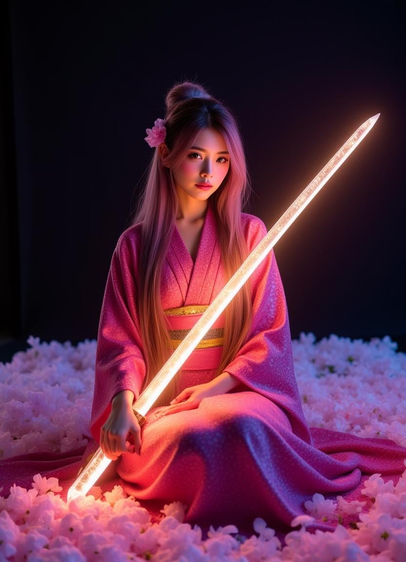 <lora:JenniferFluxV102:1.0>, Jennifer, Realistic photograph, Movie light, film grain, 4K, Best quality, neon light, Against a soft, true gradient dark background, A stunning beautiful real Japanese woman wearing intricate detailed luxurious pink kimono holding an glowing golden light katana, katana made of gole metal, in a fantasy art style, with long dark pink hair, she is sitting on the ground covered in bioluminescence floral, with a highly detailed face and beautiful eyes,