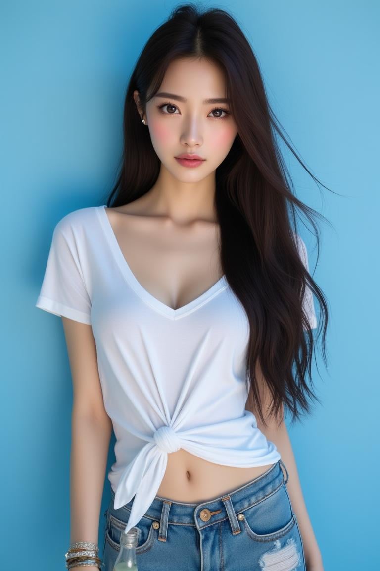 [63][24_94]Against a soft, true gradient blue background, a stunning real large breasts Japanese woman with long, flowing dark hair, her piercing gaze directly addressing the viewer. jeans, denim, navel, jewelry, pants, midriff, realistic, shirt, brown eyes, lips, looking at viewer, torn jeans, bracelet, bottle, indoors, earrings, white shirt, t-shirt, torn pants, parted lips <lora:JenniferFluxV102:1.0>, Jennifer, Realistic photograph, Movie light, film grain, 