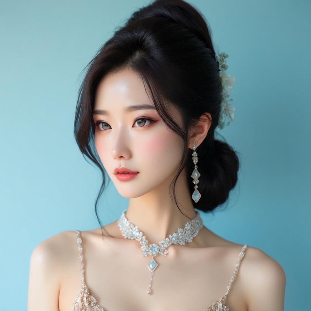 [1]a stunning real medium breasts Korean woman with long, flowing dark hair, her piercing gaze directly addressing the viewer. score_9, score_8_up, score_7_up, 4k, high quality, (best quality:1.1), realistic, photorealistic, close-up, upper body, (ultra HD quality details), High Fashion, A highly detailed, realistic digital photo of a Korean woman 28yo with a pale complexion, emphasizing her enigmatic and mystical aura,, high resolution, rich textures, and contemplative mood. Her eyes are a deep piercing and  brown, dynamic, dramatic, haute couture, elegant, ornate clothing, dark straight hair in an elegant updo with a few loose strands framing her face, wearing a high-collared garment with floral patterns in a dark, against a cyan gradient background, <lora:JennifePonySRV1:1>, <lora:add-detail-xl:0.5>, <lora:Expressive_H-000001:1.2>, <lora:IzayoiLycoXL:0.3>, embedding:pureerosface_v1, medium breasts, 