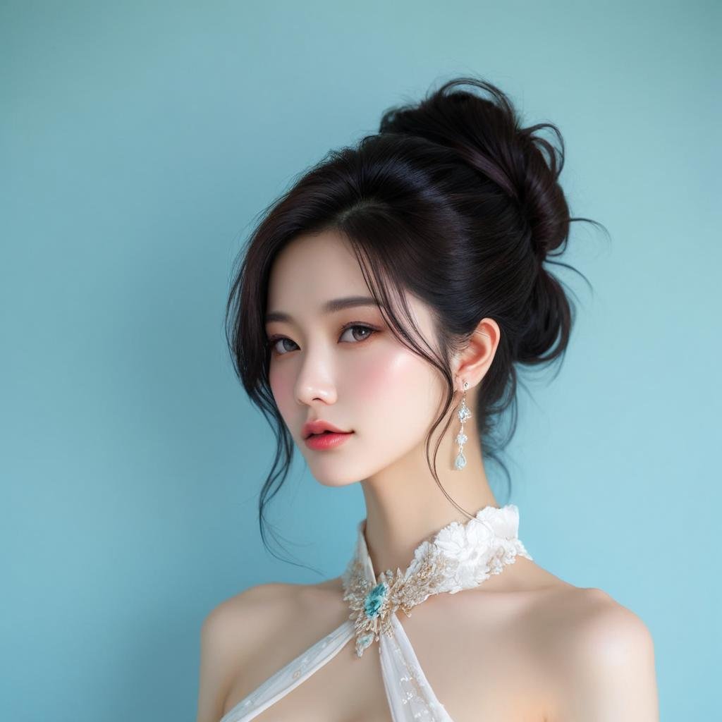 [1]a stunning real medium breasts Korean woman with long, flowing dark hair, her piercing gaze directly addressing the viewer. score_9, score_8_up, score_7_up, 4k, high quality, (best quality:1.1), realistic, photorealistic, close-up, upper body, (ultra HD quality details), High Fashion, A highly detailed, realistic digital photo of a Korean woman 28yo with a pale complexion, emphasizing her enigmatic and mystical aura,, high resolution, rich textures, and contemplative mood. Her eyes are a deep piercing and  brown, dynamic, dramatic, haute couture, elegant, ornate clothing, dark straight hair in an elegant updo with a few loose strands framing her face, wearing a high-collared garment with floral patterns in a dark, against a cyan gradient background, <lora:JennifePonySRV1:1>, <lora:add-detail-xl:0.5>, <lora:Expressive_H-000001:1.2>, <lora:IzayoiLycoXL:0.3>, embedding:pureerosface_v1, medium breasts, 