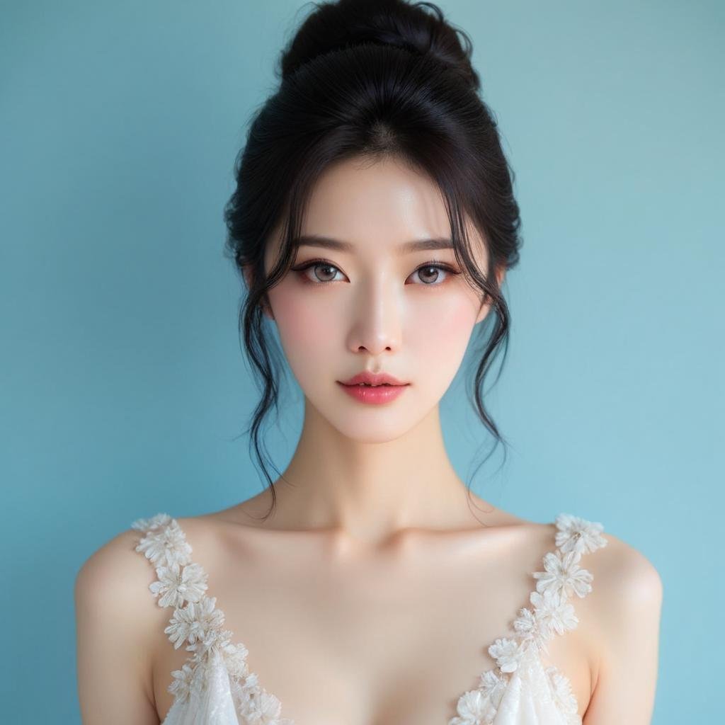 [1]a stunning real medium breasts Korean woman with long, flowing dark hair, her piercing gaze directly addressing the viewer. score_9, score_8_up, score_7_up, 4k, high quality, (best quality:1.1), realistic, photorealistic, close-up, upper body, (ultra HD quality details), High Fashion, A highly detailed, realistic digital photo of a Korean woman 28yo with a pale complexion, emphasizing her enigmatic and mystical aura,, high resolution, rich textures, and contemplative mood. Her eyes are a deep piercing and  brown, dynamic, dramatic, haute couture, elegant, ornate clothing, dark straight hair in an elegant updo with a few loose strands framing her face, wearing a high-collared garment with floral patterns in a dark, against a cyan gradient background, <lora:JennifePonySRV1:1>, <lora:add-detail-xl:0.5>, <lora:Expressive_H-000001:1.2>, <lora:IzayoiLycoXL:0.3>, embedding:pureerosface_v1, medium breasts, 