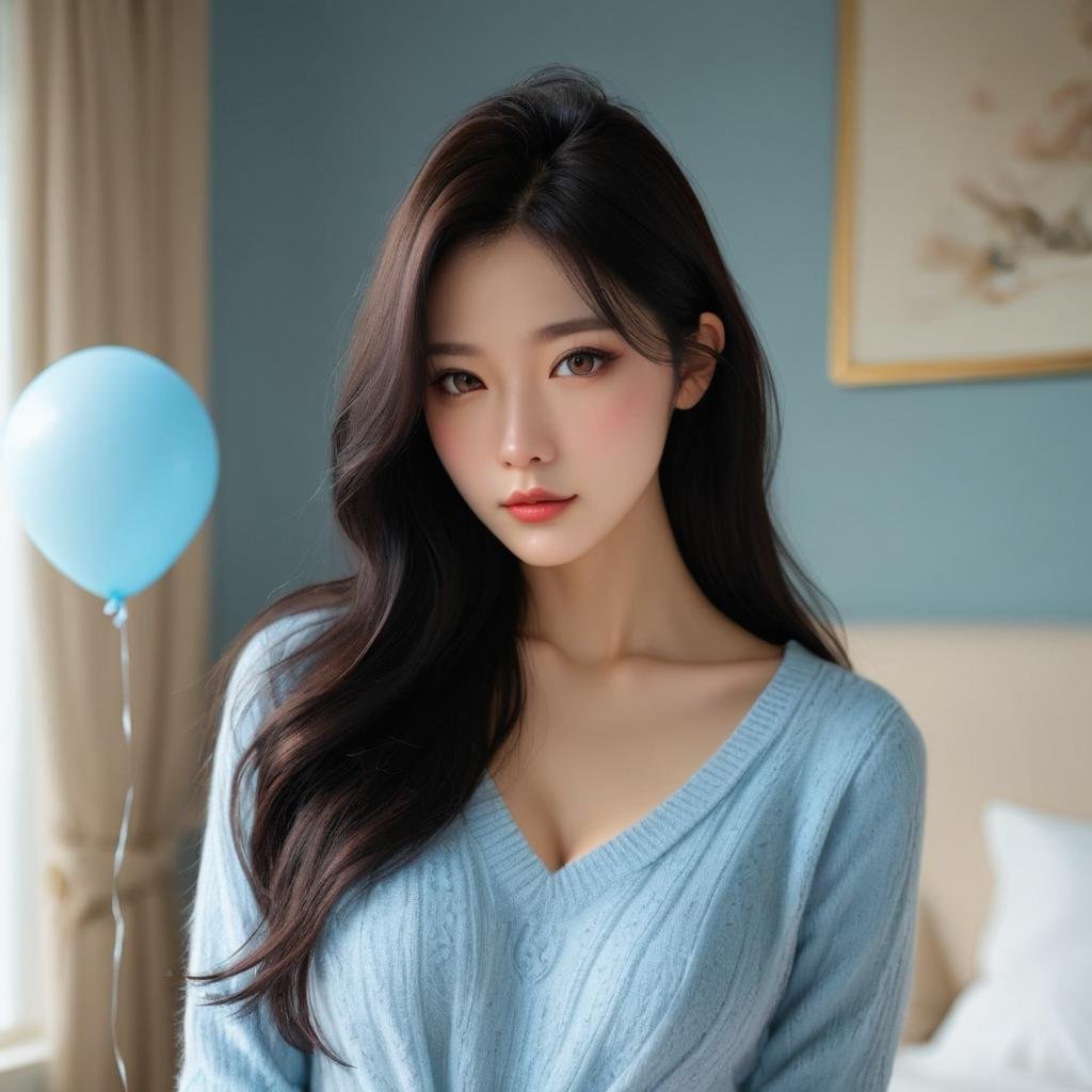 [2]a stunning real medium breasts Korean woman with long, flowing dark hair, her piercing gaze directly addressing the viewer. score_9, score_8_up, score_7_up, 4k, high quality, (best quality:1.1), realistic, photorealistic, close-up, upper body, (ultra HD quality details), High Fashion, A highly detailed, realistic digital photo of a Korean woman 28yo with a pale complexion, emphasizing her enigmatic and mystical aura,, high resolution, rich textures, and contemplative mood. Her eyes are a deep piercing and  brown, dynamic, dramatic, haute couture, elegant, ornate clothing, dark straight hair with a few loose strands framing her face, against a cyan gradient background, balloon, sweater, blue sweater, brown eyes, looking at viewer, blurry, realistic, long sleeves, upper body, blurry background, closed mouth, bangs, indoors, <lora:JennifePonySRV1:1>, <lora:add-detail-xl:0.5>, <lora:Expressive_H-000001:1.2>, <lora:IzayoiLycoXL:0.3>, embedding:pureerosface_v1, medium breasts, 