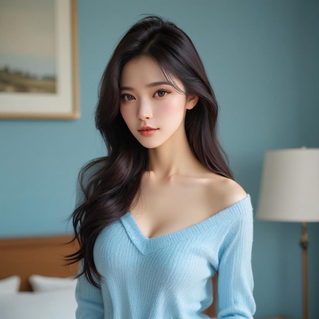 [2]a stunning real medium breasts Korean woman with long, flowing dark hair, her piercing gaze directly addressing the viewer. score_9, score_8_up, score_7_up, 4k, high quality, (best quality:1.1), realistic, photorealistic, close-up, upper body, (ultra HD quality details), High Fashion, A highly detailed, realistic digital photo of a Korean woman 28yo with a pale complexion, emphasizing her enigmatic and mystical aura,, high resolution, rich textures, and contemplative mood. Her eyes are a deep piercing and  brown, dynamic, dramatic, haute couture, elegant, ornate clothing, dark straight hair with a few loose strands framing her face, against a cyan gradient background, balloon, sweater, blue sweater, brown eyes, looking at viewer, blurry, realistic, long sleeves, upper body, blurry background, closed mouth, bangs, indoors, <lora:JennifePonySRV1:1>, <lora:add-detail-xl:0.5>, <lora:Expressive_H-000001:1.2>, <lora:IzayoiLycoXL:0.3>, embedding:pureerosface_v1, medium breasts, 