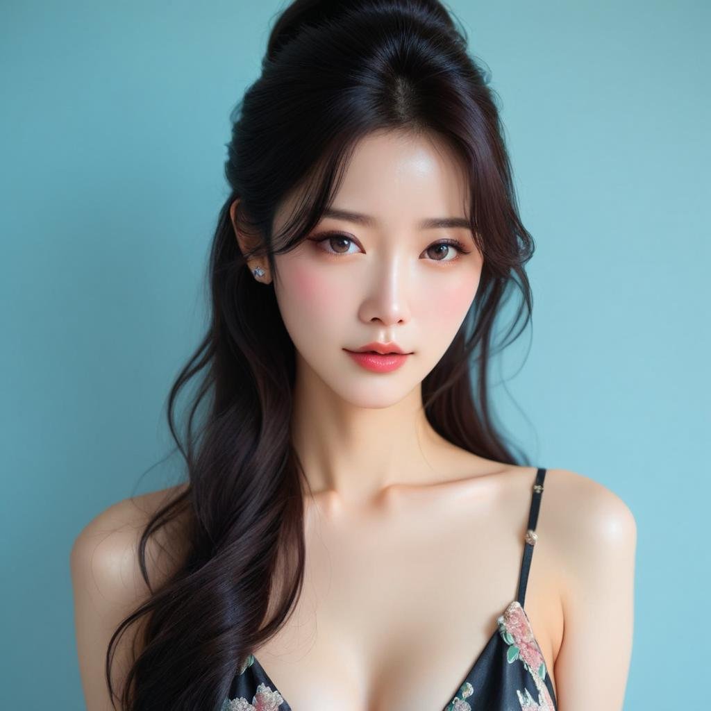 [1]a stunning real medium breasts Korean woman with long, flowing dark hair, her piercing gaze directly addressing the viewer. score_9, score_8_up, score_7_up, 4k, high quality, (best quality:1.1), realistic, photorealistic, close-up, upper body, (ultra HD quality details), High Fashion, A highly detailed, realistic digital photo of a Korean woman 28yo with a pale complexion, emphasizing her enigmatic and mystical aura,, high resolution, rich textures, and contemplative mood. Her eyes are a deep piercing and  brown, dynamic, dramatic, haute couture, elegant, ornate clothing, dark straight hair in an elegant updo with a few loose strands framing her face, wearing a high-collared garment with floral patterns in a dark, against a cyan gradient background, <lora:JennifePonySRV1:1>, <lora:add-detail-xl:0.5>, <lora:Expressive_H-000001:1.2>, <lora:IzayoiLycoXL:0.3>, embedding:pureerosface_v1, medium breasts, 