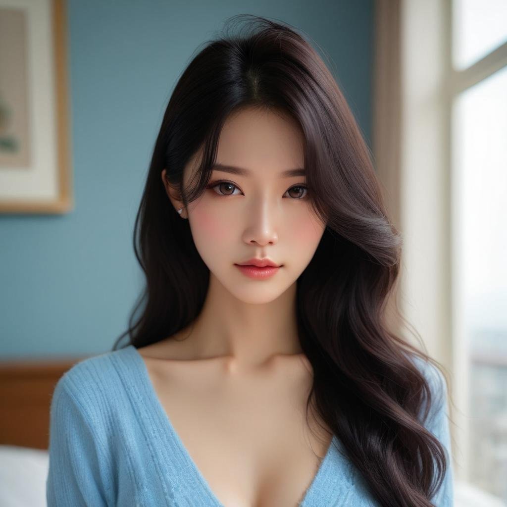 [2]a stunning real medium breasts Korean woman with long, flowing dark hair, her piercing gaze directly addressing the viewer. score_9, score_8_up, score_7_up, 4k, high quality, (best quality:1.1), realistic, photorealistic, close-up, upper body, (ultra HD quality details), High Fashion, A highly detailed, realistic digital photo of a Korean woman 28yo with a pale complexion, emphasizing her enigmatic and mystical aura,, high resolution, rich textures, and contemplative mood. Her eyes are a deep piercing and  brown, dynamic, dramatic, haute couture, elegant, ornate clothing, dark straight hair with a few loose strands framing her face, against a cyan gradient background, balloon, sweater, blue sweater, brown eyes, looking at viewer, blurry, realistic, long sleeves, upper body, blurry background, closed mouth, bangs, indoors, <lora:JennifePonySRV1:1>, <lora:add-detail-xl:0.5>, <lora:Expressive_H-000001:1.2>, <lora:IzayoiLycoXL:0.3>, embedding:pureerosface_v1, medium breasts, 