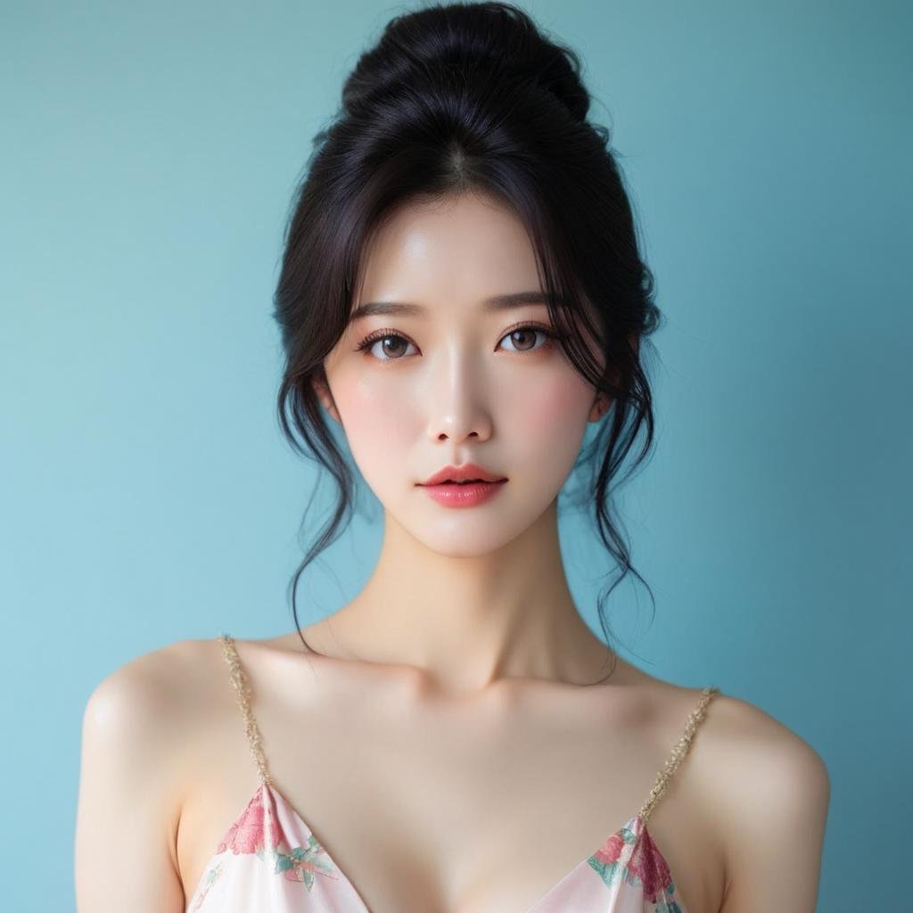 [1]a stunning real medium breasts Korean woman with long, flowing dark hair, her piercing gaze directly addressing the viewer. score_9, score_8_up, score_7_up, 4k, high quality, (best quality:1.1), realistic, photorealistic, close-up, upper body, (ultra HD quality details), High Fashion, A highly detailed, realistic digital photo of a Korean woman 28yo with a pale complexion, emphasizing her enigmatic and mystical aura,, high resolution, rich textures, and contemplative mood. Her eyes are a deep piercing and  brown, dynamic, dramatic, haute couture, elegant, ornate clothing, dark straight hair in an elegant updo with a few loose strands framing her face, wearing a high-collared garment with floral patterns in a dark, against a cyan gradient background, <lora:JennifePonySRV1:1>, <lora:add-detail-xl:0.5>, <lora:Expressive_H-000001:1.2>, <lora:IzayoiLycoXL:0.3>, embedding:pureerosface_v1, medium breasts, 