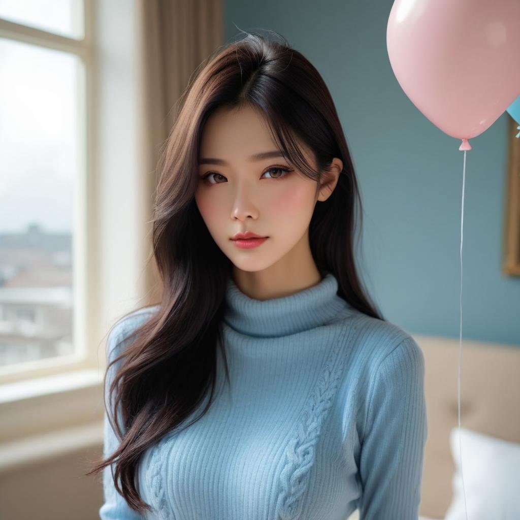 [2]a stunning real medium breasts Korean woman with long, flowing dark hair, her piercing gaze directly addressing the viewer. score_9, score_8_up, score_7_up, 4k, high quality, (best quality:1.1), realistic, photorealistic, close-up, upper body, (ultra HD quality details), High Fashion, A highly detailed, realistic digital photo of a Korean woman 28yo with a pale complexion, emphasizing her enigmatic and mystical aura,, high resolution, rich textures, and contemplative mood. Her eyes are a deep piercing and  brown, dynamic, dramatic, haute couture, elegant, ornate clothing, dark straight hair with a few loose strands framing her face, against a cyan gradient background, balloon, sweater, blue sweater, brown eyes, looking at viewer, blurry, realistic, long sleeves, upper body, blurry background, closed mouth, bangs, indoors, <lora:JennifePonySRV1:1>, <lora:add-detail-xl:0.5>, <lora:Expressive_H-000001:1.2>, <lora:IzayoiLycoXL:0.3>, embedding:pureerosface_v1, medium breasts, 