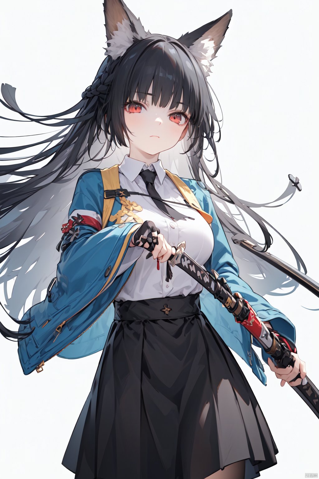 (score_9,score_8_up,score_7_up), (masterpiece),( beautiful),(high quality),(finely detailed),extremely detailed CG unity 8k wallpaper,best quality, 1girl, solo, long hair, breasts, looking at viewer, bangs, skirt, simple background, shirt, black hair, red eyes, gloves, long sleeves, white background, holding, animal ears, medium breasts, closed mouth, jacket, white shirt, weapon, cowboy shot, open clothes, necktie, black gloves, collared shirt, sword, wide sleeves, blunt bangs, fingerless gloves, black skirt, holding weapon, animal ear fluff, fox ears, floating hair, holding sword, katana, sheath, black necktie, unsheathing, holding sheath,miyabi