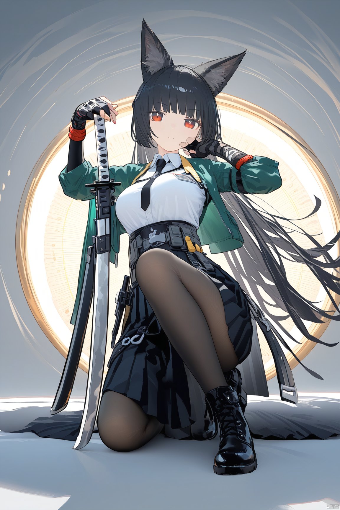 (score_9,score_8_up,score_7_up), (masterpiece),( beautiful),(high quality),(finely detailed),extremely detailed CG unity 8k wallpaper,best quality, 1girl, solo, long hair, breasts, looking at viewer, bangs, skirt, simple background, shirt, black hair, red eyes, gloves, long sleeves, white background, holding, animal ears, very long hair, closed mouth, full body, white shirt, weapon, pantyhose, pleated skirt, boots, necktie, black gloves, collared shirt, sword, blunt bangs, fingerless gloves, black skirt, black footwear, holding weapon, animal ear fluff, black pantyhose, fox ears, holding sword, katana, sheath, black necktie, sheathed, one knee,miyabi