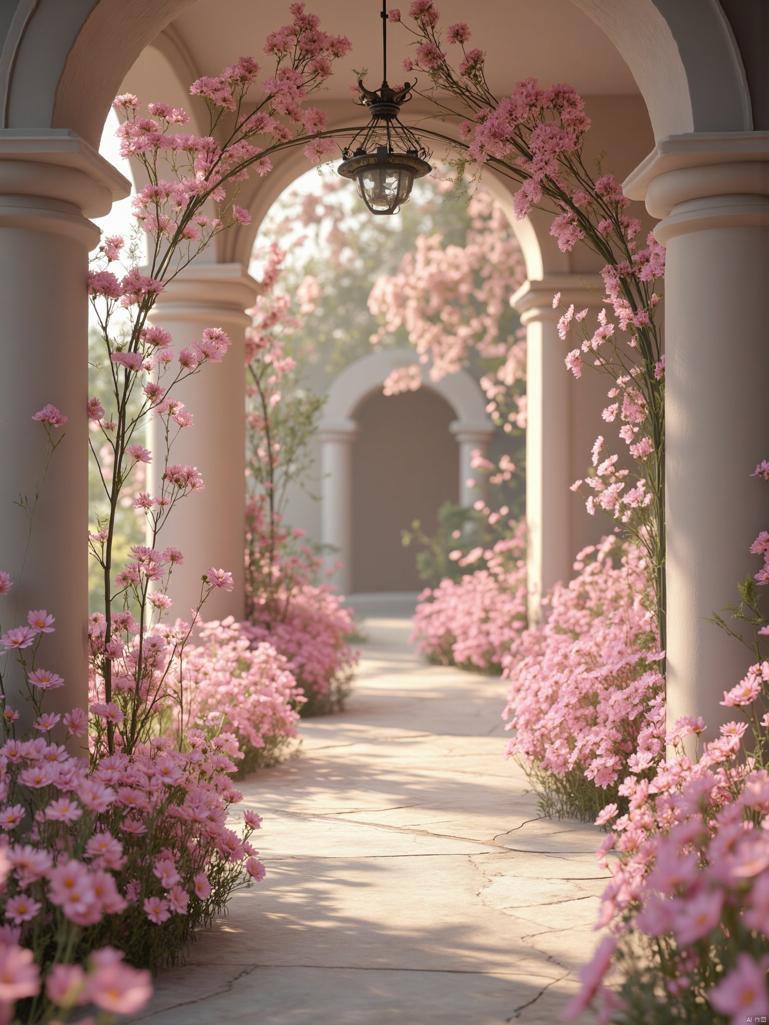 OBfjing,
a beautiful outdoor garden is adorned with pink flowers
adding a touch of color to the scene. Adjacent to the garden
a stone walkway is flanked by two large pillars
each with a unique design. The pillars are adorned with a delicate white archway
adorned with delicate delicate flowers. The flowers are arranged in a way that creates a stunning contrast to the walkway
adding depth to the overall composition.