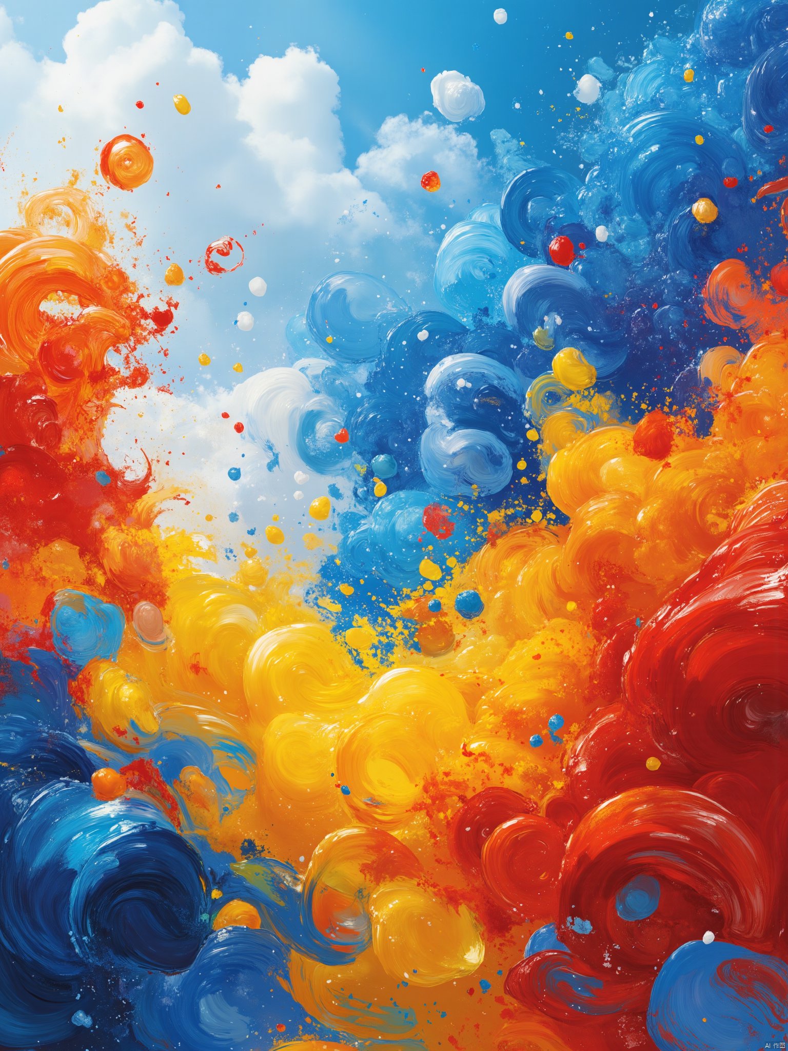 OBfjing,
An eye-level view of a colorful abstract painting. The painting is made up of a variety of vibrant colors
including red
yellow
blue
and white. The background is a deep blue
with a few wispy white clouds in the upper left corner of the frame. There are a few bubbles floating in the middle of the painting
adding a pop of color to the scene.