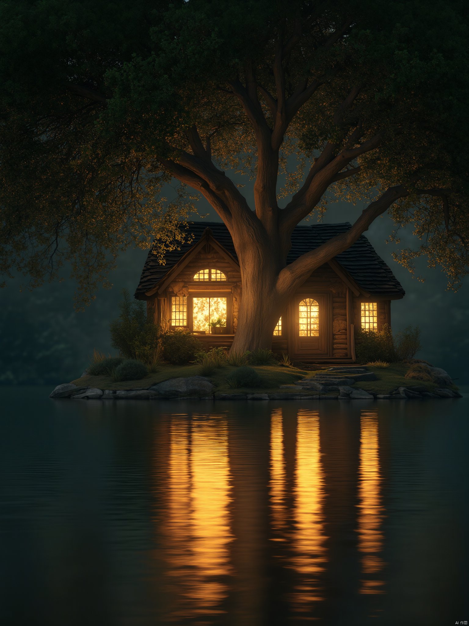 OBfjing,
Captured at eye-level on a low-angle perspective
a small house
adorned with a large tree
is situated on a small island in the middle of a body of water. The house is adorned with two windows
each with a light shining through them
adding a touch of warmth to the scene. The roof of the house is shaded by a shingled roof
and the windows are illuminated by a few lights
creating a striking contrast against the dark background. The tree's branches
adding depth to the composition of the image.